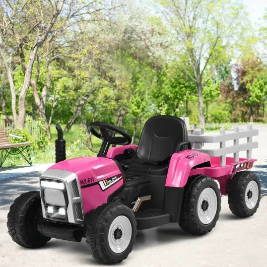 12V Kids Ride On Tractor with Trailer Ground Loader-Pink