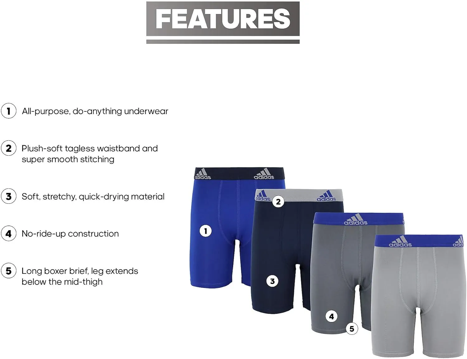 adidas Boys' Athletic Fit Microfiber Long Boxer Brief Underwear Designed for Active Sport and All Day Comfort (4 Pack)