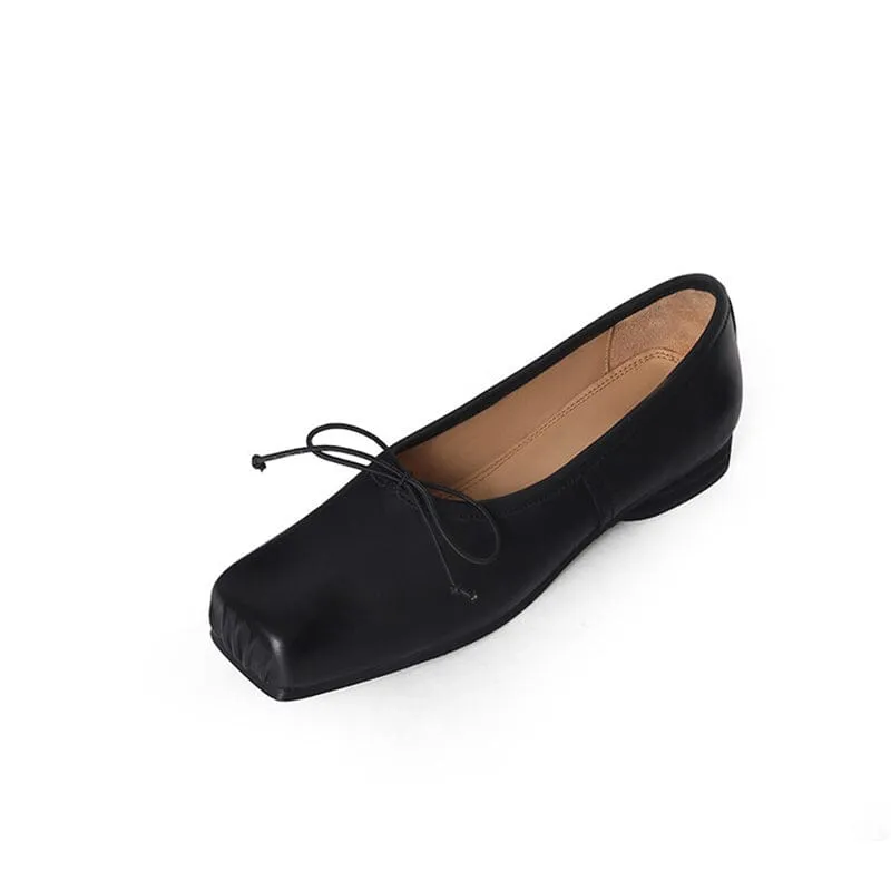 All Leather Ballet Flats with Bow Square Toe in Black/Apricot