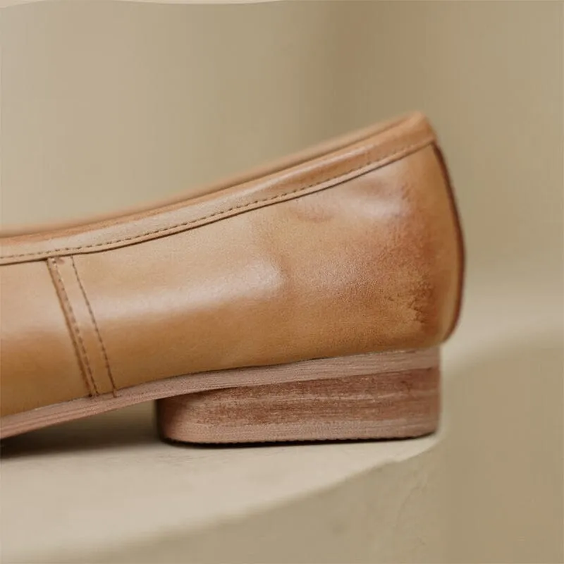 All Leather Ballet Flats with Bow Square Toe in Black/Apricot