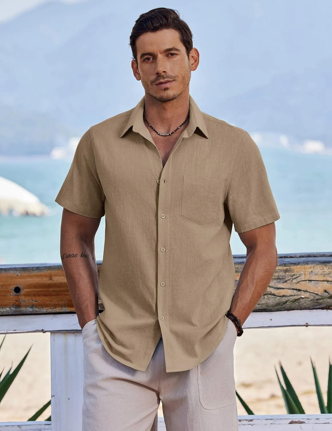 COOFANDY Men's Button Down Short Sleeve Shirt Casual Cotton Summer Beach Linen Wedding Shirts with Pocket