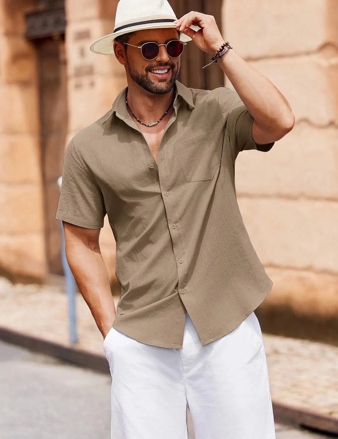 COOFANDY Men's Button Down Short Sleeve Shirt Casual Cotton Summer Beach Linen Wedding Shirts with Pocket