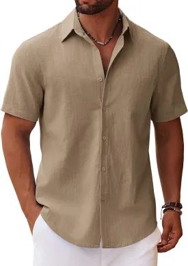 COOFANDY Men's Button Down Short Sleeve Shirt Casual Cotton Summer Beach Linen Wedding Shirts with Pocket