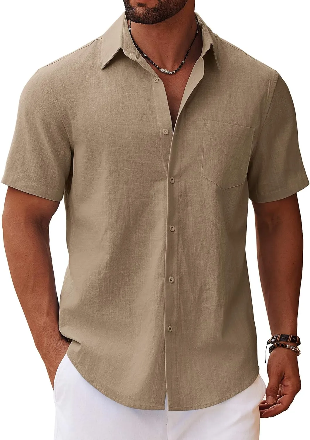 COOFANDY Men's Button Down Short Sleeve Shirt Casual Cotton Summer Beach Linen Wedding Shirts with Pocket
