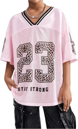 Floerns Girl's Jersey Shirt Printed Oversized Short Sleeve Mesh Tee Shirts V Neck Sport Jersey Shirts