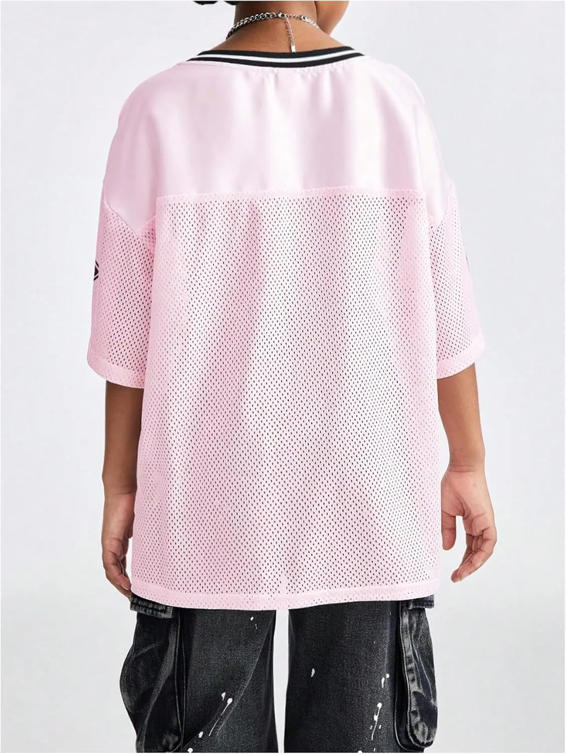 Floerns Girl's Jersey Shirt Printed Oversized Short Sleeve Mesh Tee Shirts V Neck Sport Jersey Shirts