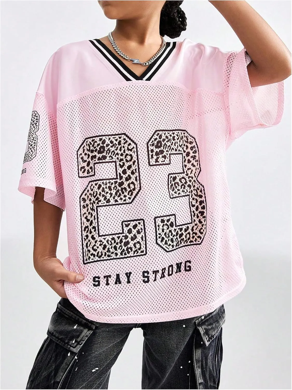 Floerns Girl's Jersey Shirt Printed Oversized Short Sleeve Mesh Tee Shirts V Neck Sport Jersey Shirts