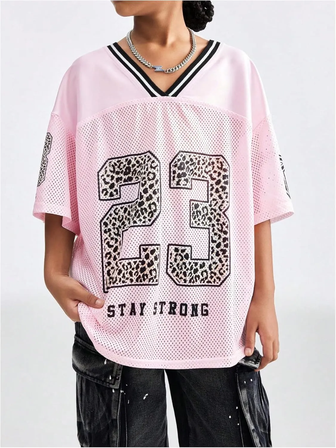 Floerns Girl's Jersey Shirt Printed Oversized Short Sleeve Mesh Tee Shirts V Neck Sport Jersey Shirts
