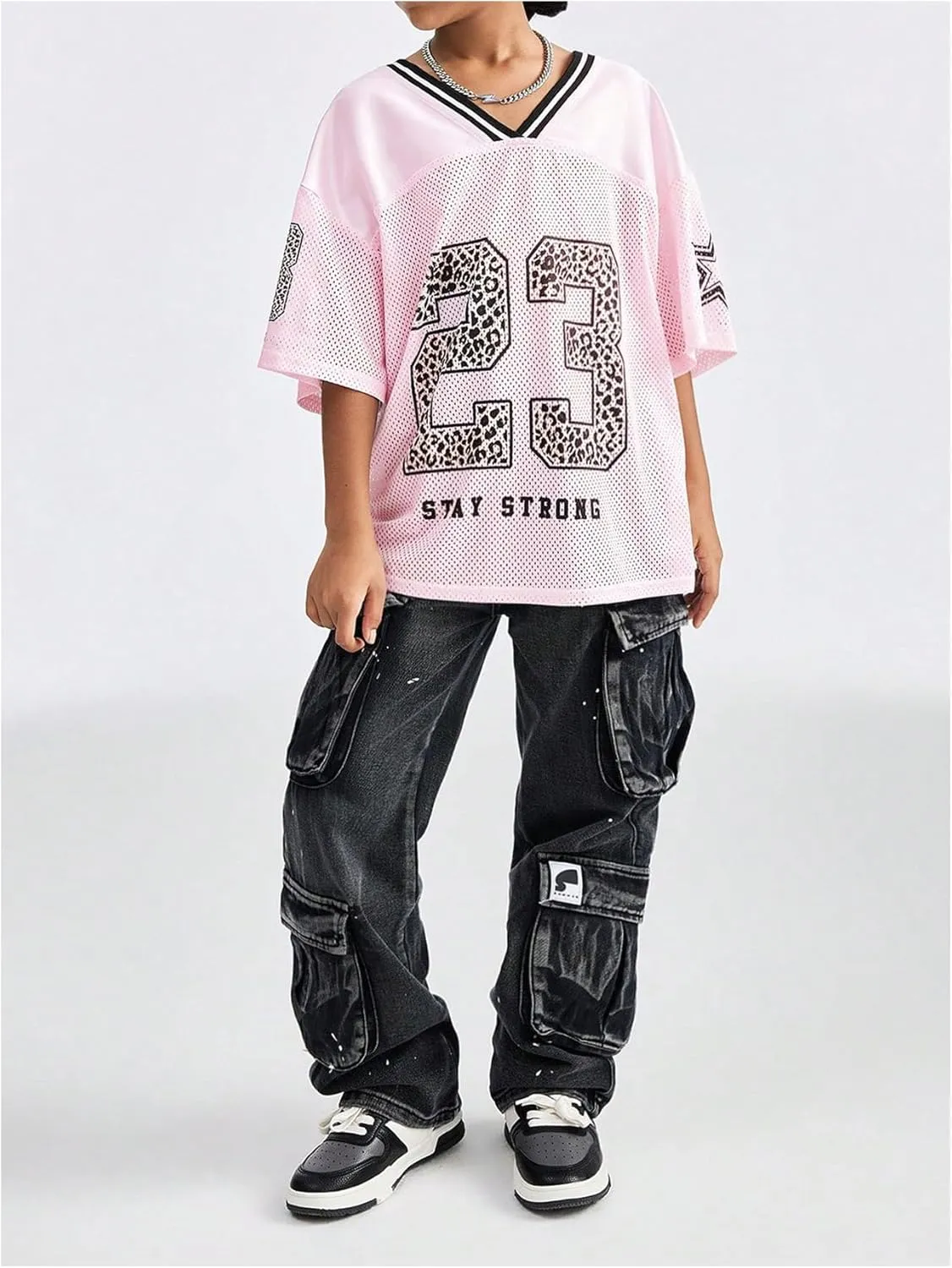 Floerns Girl's Jersey Shirt Printed Oversized Short Sleeve Mesh Tee Shirts V Neck Sport Jersey Shirts