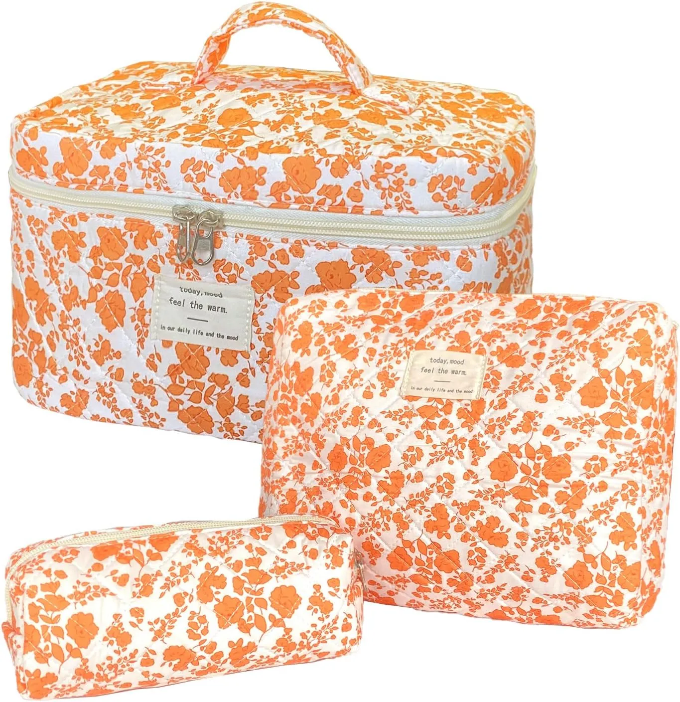 Orange Large Quilted Floral Makeup Bag Set of 3 Cute Coquette Aesthetic Cosmetic Bag Set Travel Toiletry Bag for Women