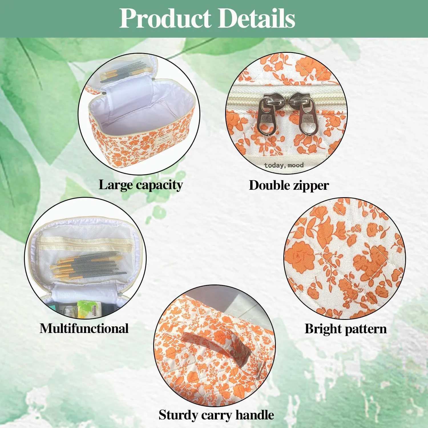 Orange Large Quilted Floral Makeup Bag Set of 3 Cute Coquette Aesthetic Cosmetic Bag Set Travel Toiletry Bag for Women