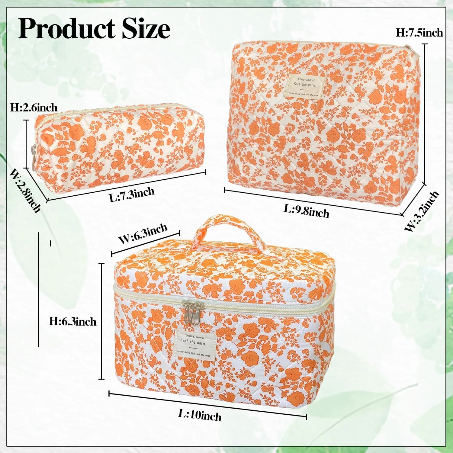 Orange Large Quilted Floral Makeup Bag Set of 3 Cute Coquette Aesthetic Cosmetic Bag Set Travel Toiletry Bag for Women
