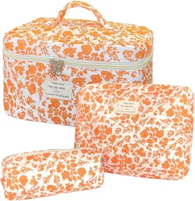 Orange Large Quilted Floral Makeup Bag Set of 3 Cute Coquette Aesthetic Cosmetic Bag Set Travel Toiletry Bag for Women