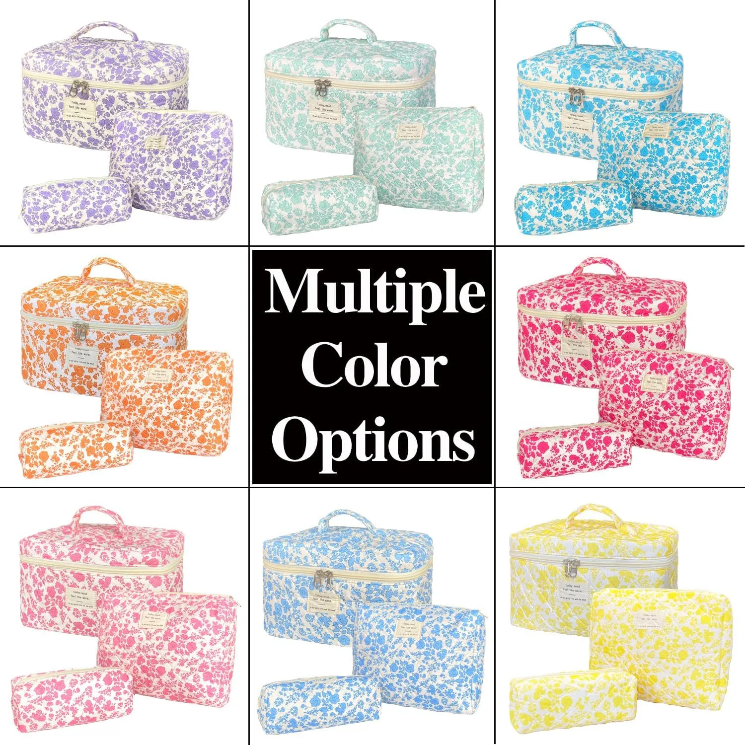Orange Large Quilted Floral Makeup Bag Set of 3 Cute Coquette Aesthetic Cosmetic Bag Set Travel Toiletry Bag for Women