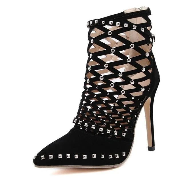 Pointed Toe High Heels Flock Cut-Outs Rivets Party Dress Stiletto