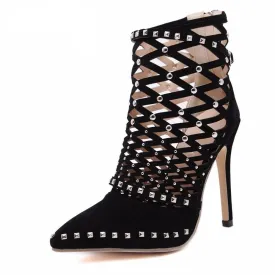 Pointed Toe High Heels Flock Cut-Outs Rivets Party Dress Stiletto