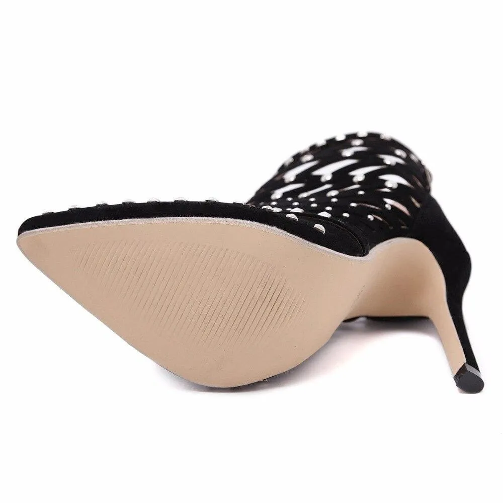 Pointed Toe High Heels Flock Cut-Outs Rivets Party Dress Stiletto