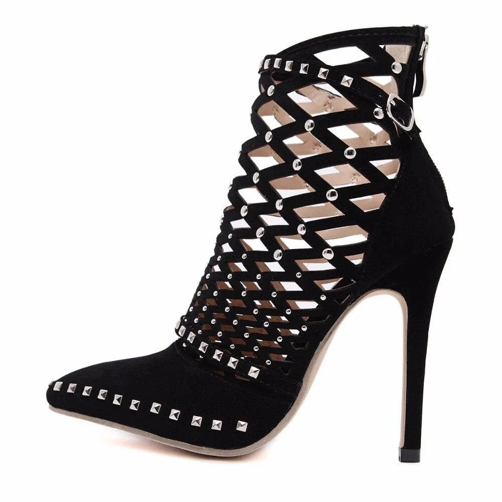 Pointed Toe High Heels Flock Cut-Outs Rivets Party Dress Stiletto